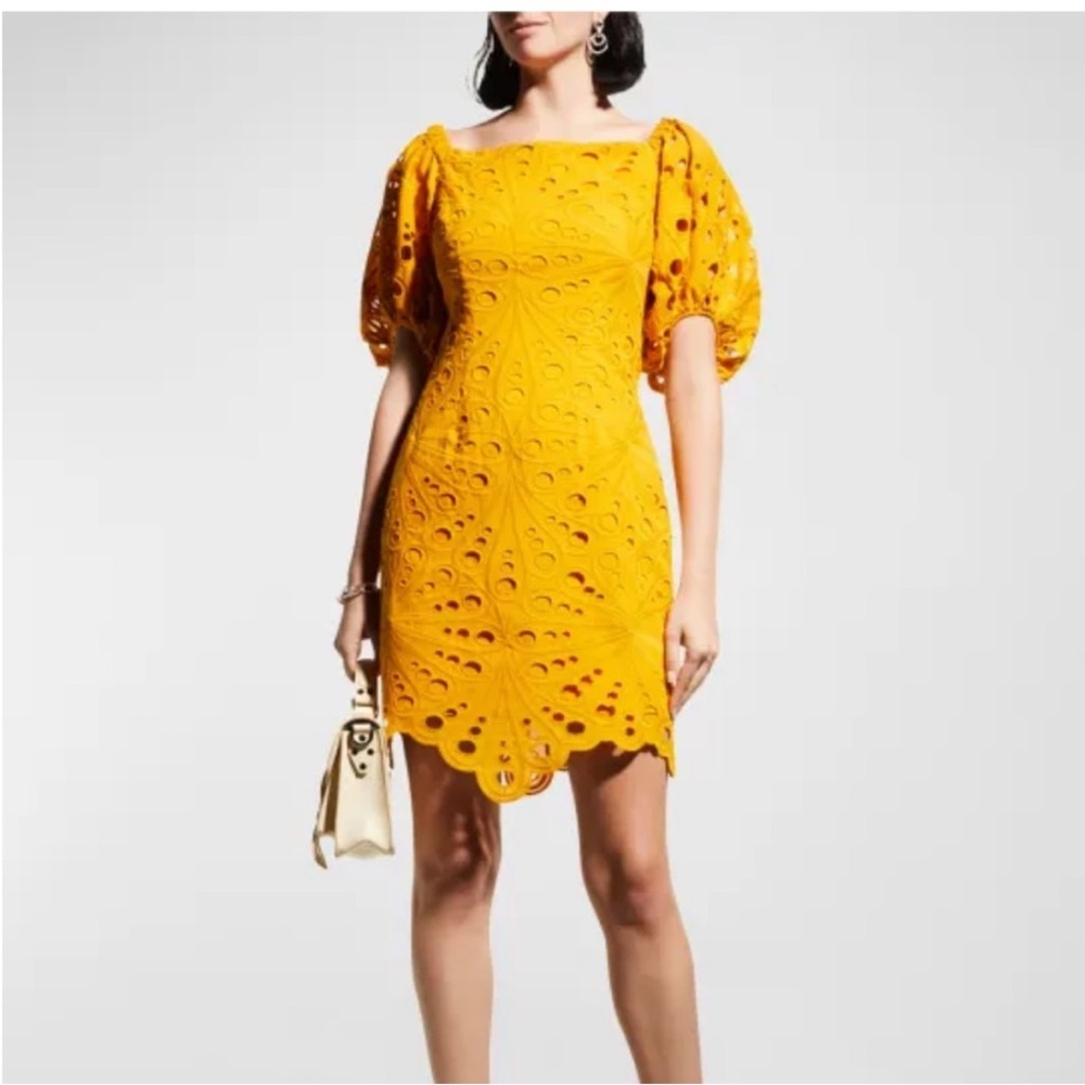 Trina Turk "Sweet" Off-Shoulder Golden Yellow Eyelet Puff Sleeve Mini Dress
